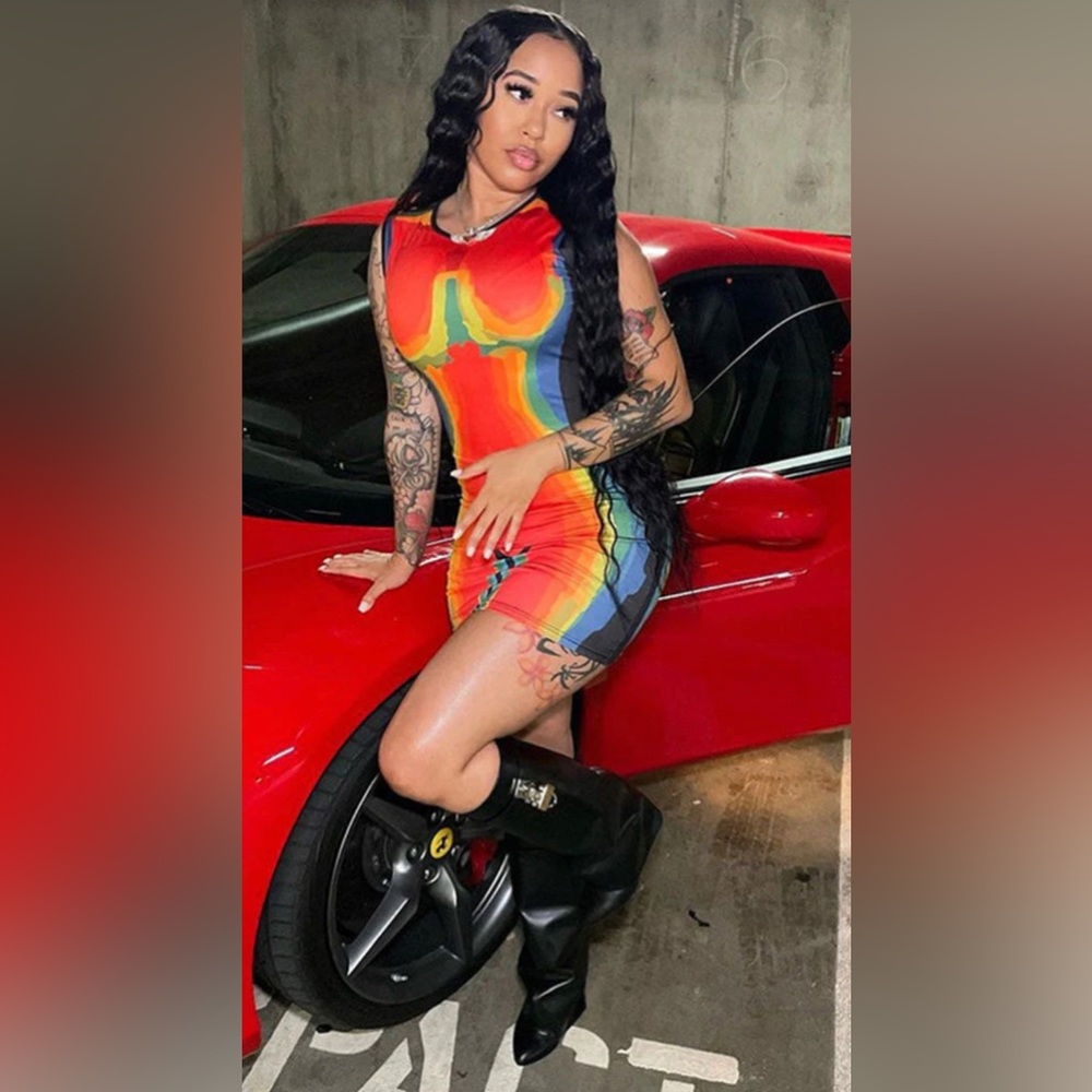 Red geography print mini bodycon dress